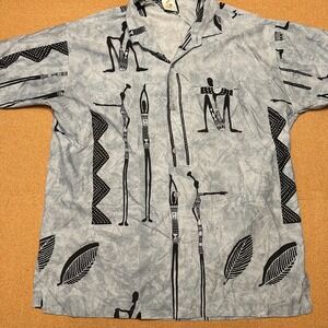 Rima Beachworld Button Up Shirt Mens L Blue Tribal Graphic Print Short Sleeve